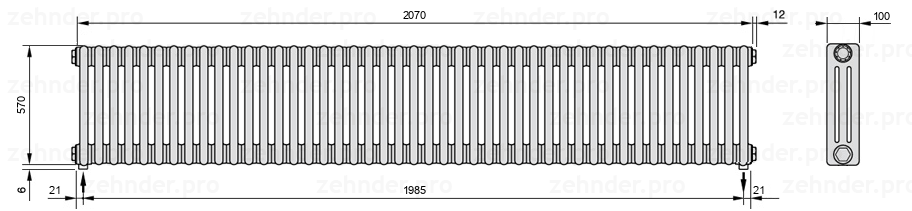 Схема (чертеж) Радиатор Zehnder Charleston 3057/45 №5310 Белый глянцевый RAL 9016